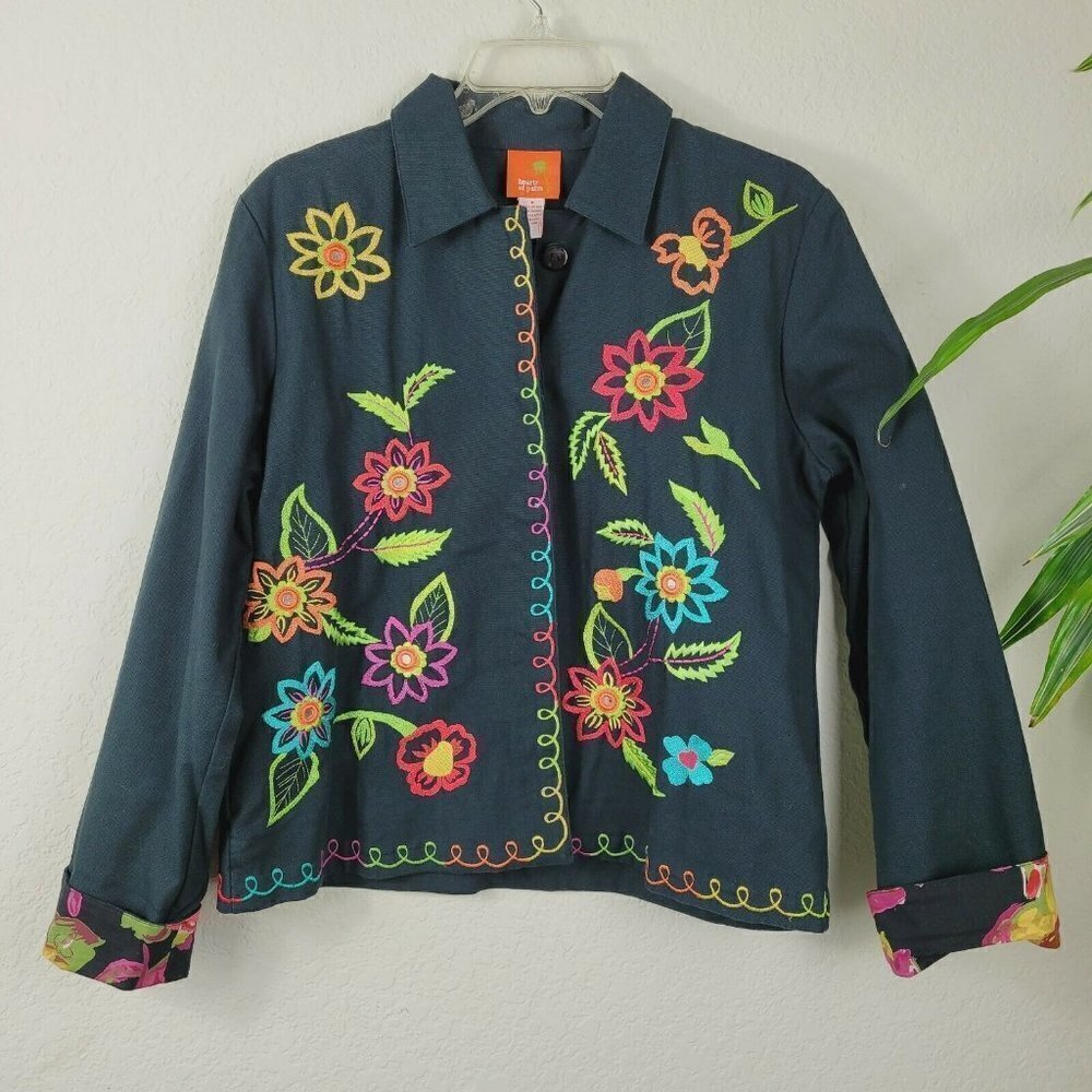 Hearts of Palm Womens Floral Embroidered Trapeze Jacket Black Mirrors Mature Sz8 - Picture 2 of 11